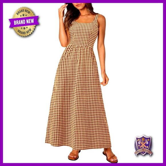 Dresses & Skirts - Spaghetti Strap Maxi Dress Plaid Square Neck A-Line Casual Beach Vacation